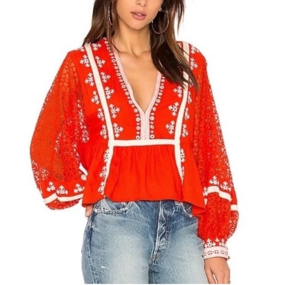 EUC FREE PEOPLE Women's Red Embroidered Top Boho Retro Red  3/4 sleeves SZ M. - Picture 4 of 8